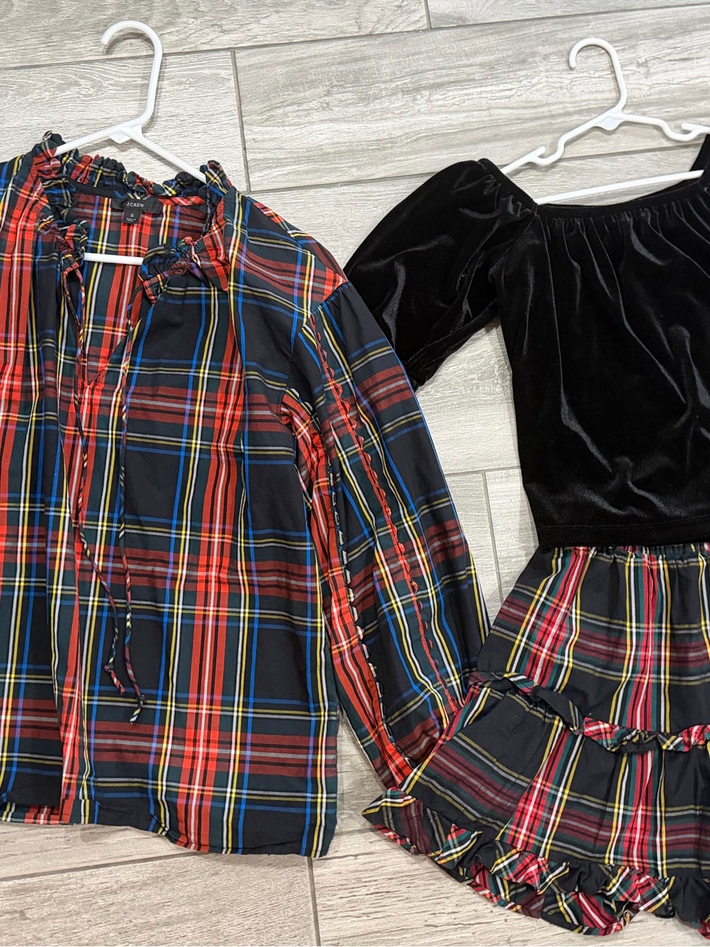 J. Crew Mom and Me Christmas Plaid Tartan Velvet & Ruffle Blouse and Skirt set